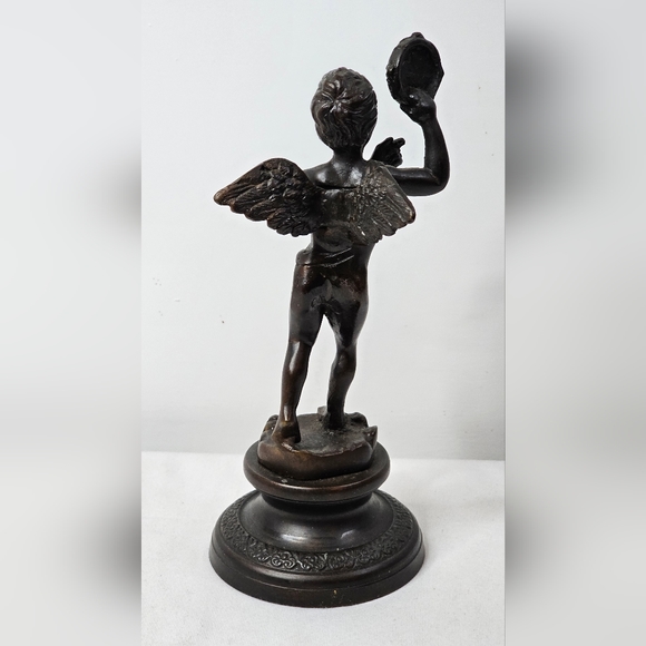 Bronze Cherub Angel Statue Playing Tambourine French Style Musical Vintage Art - Picture 10 of 14